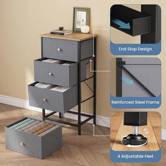 DUMOS Nightstand with 4 Drawers, Bedside Table with Removable Fabric Bins, Sturdy Steel Frame Wood Top Organizer Furniture for Bedroom Closet Living Room, Gray Blue
