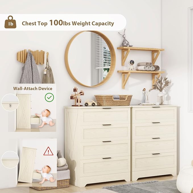 4 Closet Dresser, Farmhouse Dressers & Chests of Drawers, Light Oak | Wooden Storage Cabinet with Large Storage, Tall Dresser and Organizer with Anti-Tip Kit for Office, Living Room, Entryway