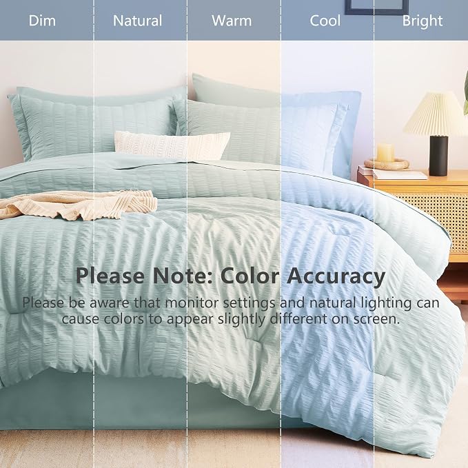 King Size Comforter Set, 7 Pieces Ice Blue Seersucker Bed in a Bag | OEKO-TEX Certified, All Season Bedding Set with 240 GSM Down Alternative Comforter, Flat & Fitted Sheets, Pillowcases & Shams