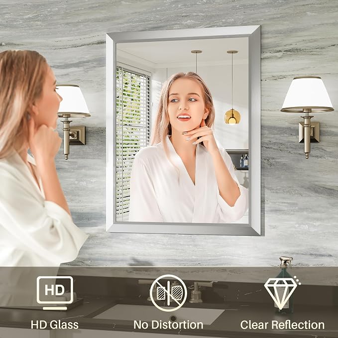 Bathroom Wall Mirror, Silver Brushed Nickel Metal Frame, 24x30 Inch | Anti-rust, HD tempered glass, for bathroom vanity, bedroom, living room, horizontal or vertical mount