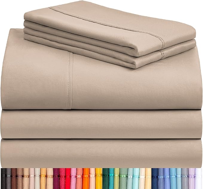 LuxClub 5 PC Split King Sheet Set, Deep Pockets Wrinkle Free Cooling Bed Sheets Hotel Bedding for Women, Men, Includes 2 Fitted Sheet, 1 Flat Sheet and 2 PillowcasesSoft Light Khaki | LuxClub Silky Fitted Sheet & Pillowcase Sets, Breathable Hotel Luxur...
