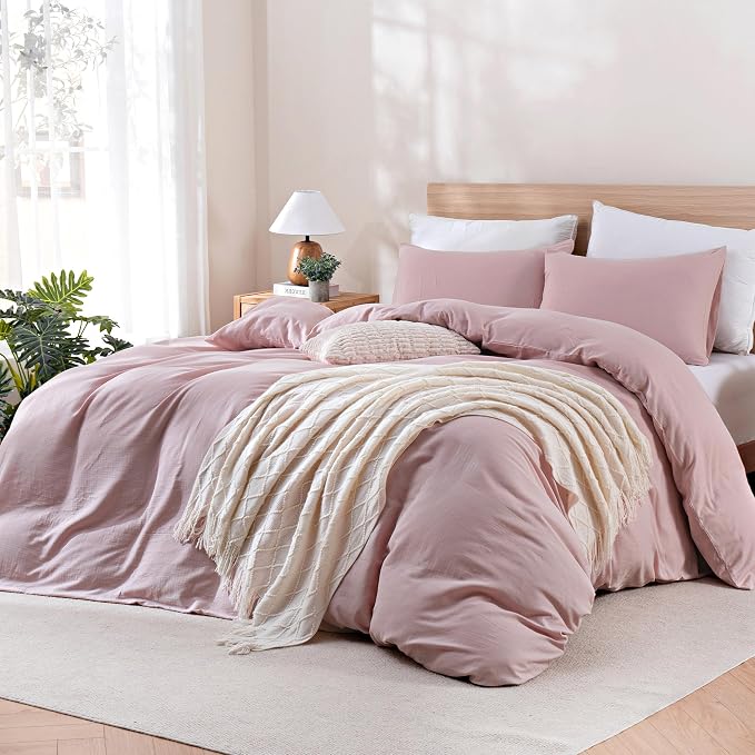 TOCOMOA 100% Muslin Cotton Duvet Cover Set, Pink, Queen | Linen-Like Texture. Ultra Soft, Breathable, Comfy & Lightweight Bedding Set with Zipper & 8 Ties. 3 Pcs, No Insert