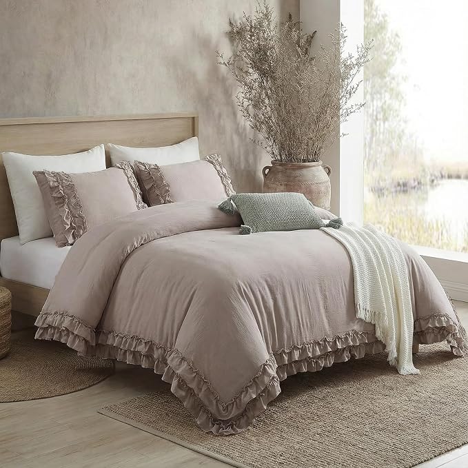 Bedorm Taupe Duvet Cover Set King Ruffle Bedding Set Pleat Ruffled Shabby Chic Comforter Cover Extra Soft & Easy Care Boho Duvet Cover with Zipper Closure
