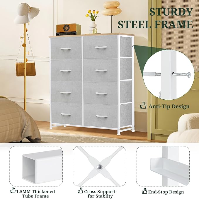 8-Drawer Dresser for Bedroom, Anti-Tip Tall Storage Organizer | Chest of Drawers with Wooden Top and Metal Frame Fabric Bins for Closet, Living Room, Hallway, Entryway, Light Gray