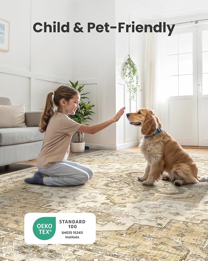 AMADA HOMEFURNISHING 8x10 Area Rug for Living Room, Vintage Washable Area Rug Low-Pile & Non-Slip Carpet for Bedroom Dining Room Nursery Home Office, Beige/Cream