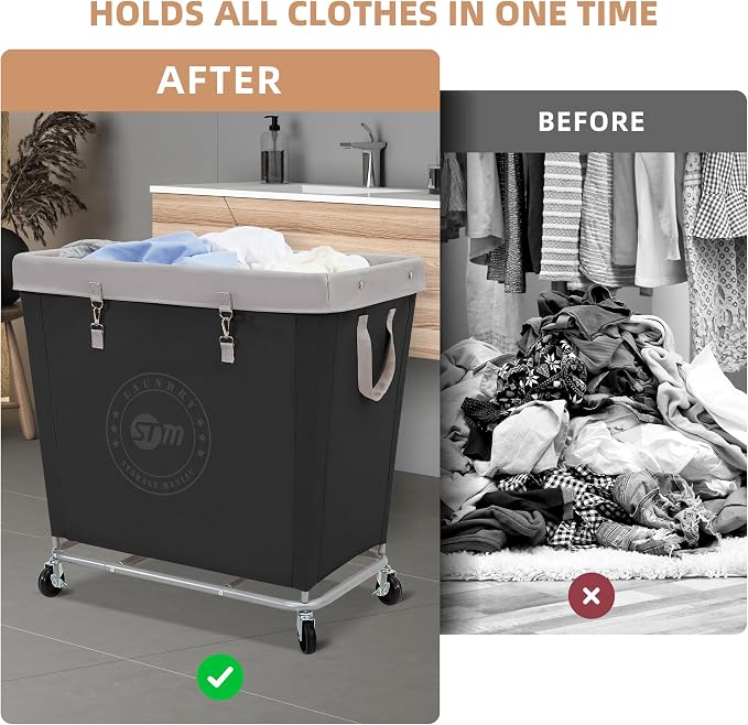 STORAGE MANIAC Commercial Laundry Hamper with Heavy Duty Steel Frame, 320 L Industrial Laundry Basket Cart with Wheels for Hotel, Home, Laundry Room, 31.7''L x 19.3''W x 30.91''H, Large Black