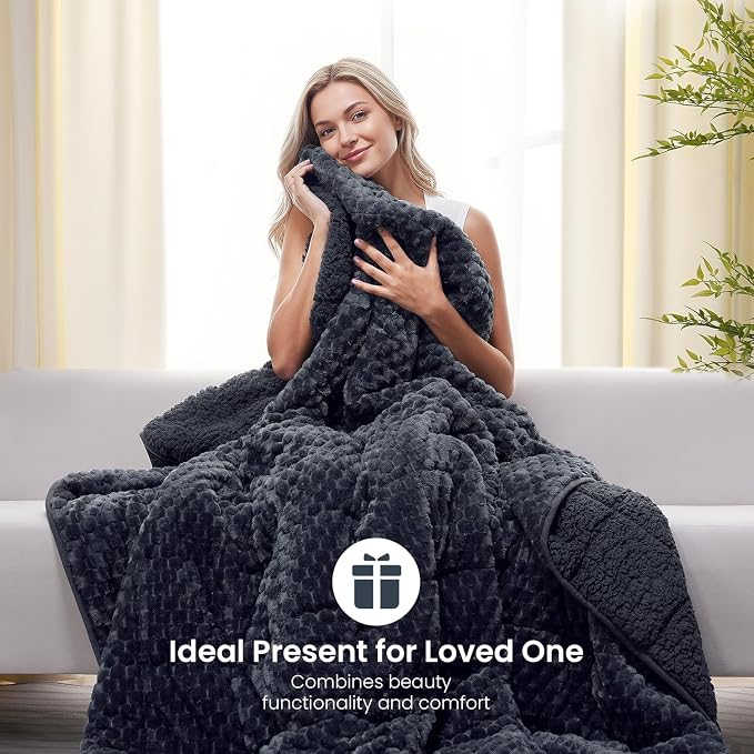 Drewin Weighted Blanket for Adults 60" x 80" 15lbs Fuzzy Blankets Dark Grey | Stress Relief & Better Sleep,Soft Jacquard Sherpa Fleece Heavy Blanket Queen Size, Machine Washable,for Napping & Relaxing