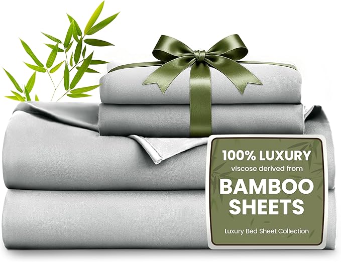 Love's cabin 4 Piece Queen Sheet Set, 100% Rayon Derived from Bamboo, Cooling & Breathable, Soft Silky Deep Pocket up to 16", Hotel Luxury Bedding for Hot Sleepers, Light Grey