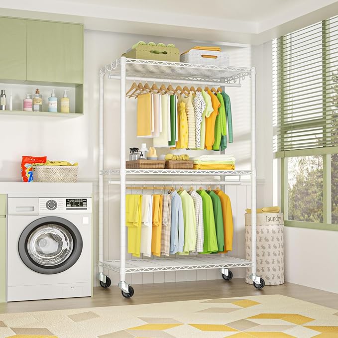 FUTASSI Rolling Clothes Rack, Clothing Racks for Hanging Clothes, White | P3 Plus Heavy Duty Garment Rack with Wheels, Freestanding Portable Closet Racks 45" W x 14" D x 78.5" H, Max Load 480 LBS