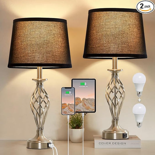 Table Lamp for Bedroom Set of 2 with USB C+A Ports,Modern Night Stand Lamps | Silver Bedside Lamps with Spiral Cage Base,Black Fabric Shade,Lamp for Living Room Reading Bed Side End Table,Bulbs Included
