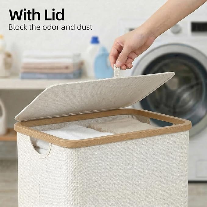efluky Slim Laundry Basket with Lid, Narrow Laundry Hamper with Removable Bag, Skinny Dirty Clothes Basket with Bamboo Handles for Bathroom, Bedroom & Laundry Room, 75L Beige
