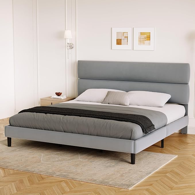 GRUSIGN King Size Platform Bed Frame with Velvet Headboard, Adjustable Height Wooden Slats Support, Upholstered Mattress Foundation, Fits Mattress or Mattress with Box Spring, Easy Assembly, Grey