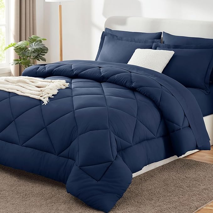 Super King Plus Comforter Set Navy - 7 Pieces Bed in a Bag | OEKO-TEX Certified, All Season, 240GSM Down-Alternative Comforter, Sheets, Pillowcases & Shams, 14" Deep Pocket, Easy Care