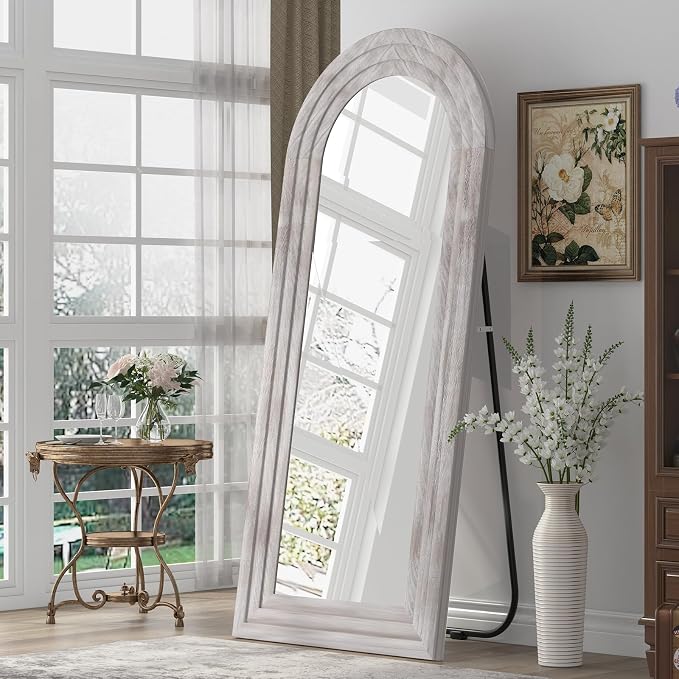 ZHUNFA Arched Full Length Mirror with Solid Wood Frame | 65x22 Farmhouse Wall Mirror Full Length with Stand, Vertical Hanging, Leaning Standing for Bedroom,Living Room, Rustic White