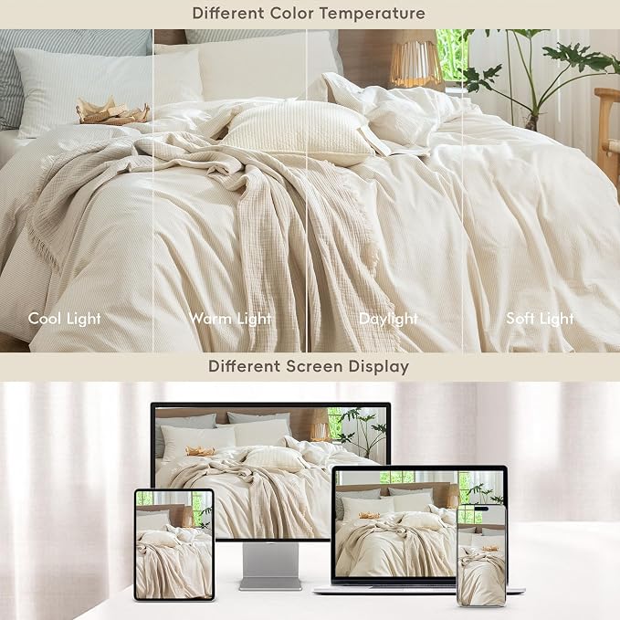 MooMee Striped Duvet Cover Set 100% Washed Cotton Linen Like Queen | Relaxed Linen-like Texture. Soft, Breathable & Long-lasting Comfort. Lightweight. Hidden Zipper with 8 Interior Corner Ties