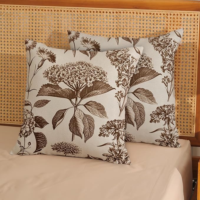 Brown Pillow Covers 18x18 Inch 2 Pcs Boho Vintage Floral Decor Throw Pillows Hydrangea Flower Seasonal Outdoor Farmhouse Neutral Accent Decoration Pillowcase Linen Cushion Cover for Couch
