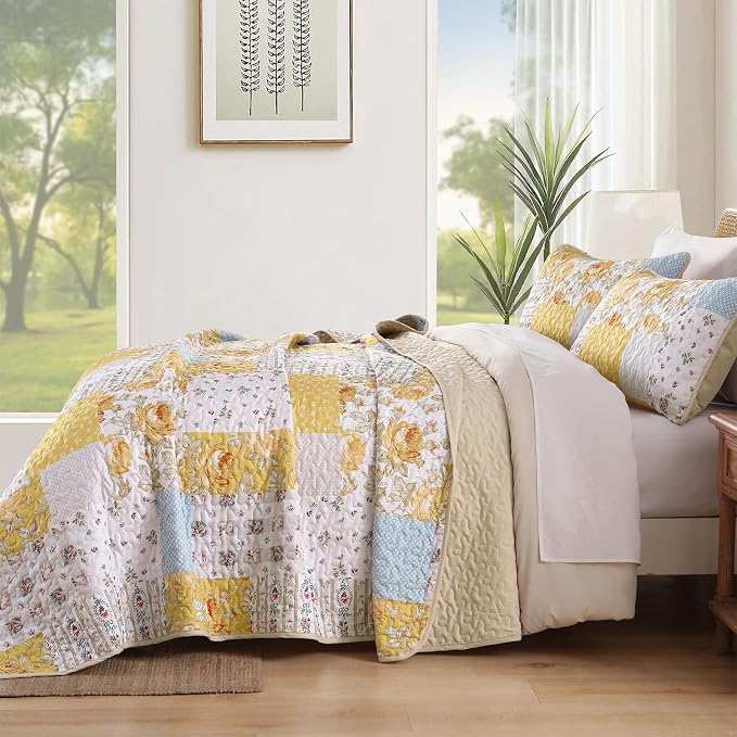 Yellow Patchwork Quilt Set King Size, Rose Floral Plaid Bedspread | 3 Pcs Country Flower Coverlet Set, Soft Lighweight Farmhouse Quilt Bedding Set 3 Pieces for All Season, 110''x90''