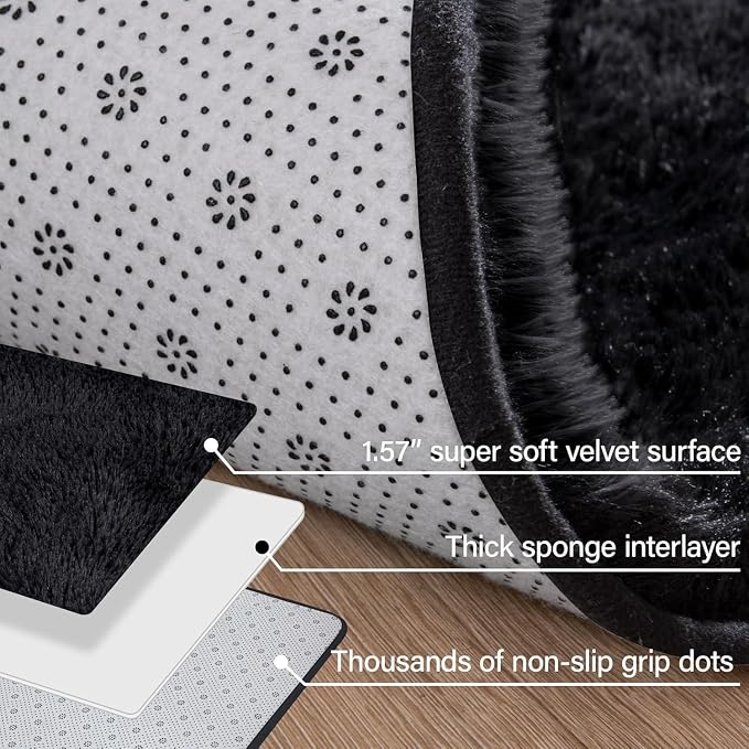 Soft Fluffy Rugs for Bedroom Living Room, 2x6 Hallway Runner Rugs, Furry Shag Bedside Area Rug Indoor Accent Floor Carpet, Plush Fuzzy Rug for Dorm Nursery Kids Room Decor, Black