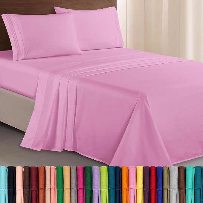 Elegant Comfort Luxurious 1500 Premium Hotel Quality Microfiber Three Line Embroidered Softest 4-Piece Bed Sheet Set, Wrinkle and Fade Resistant, King, Light Pink