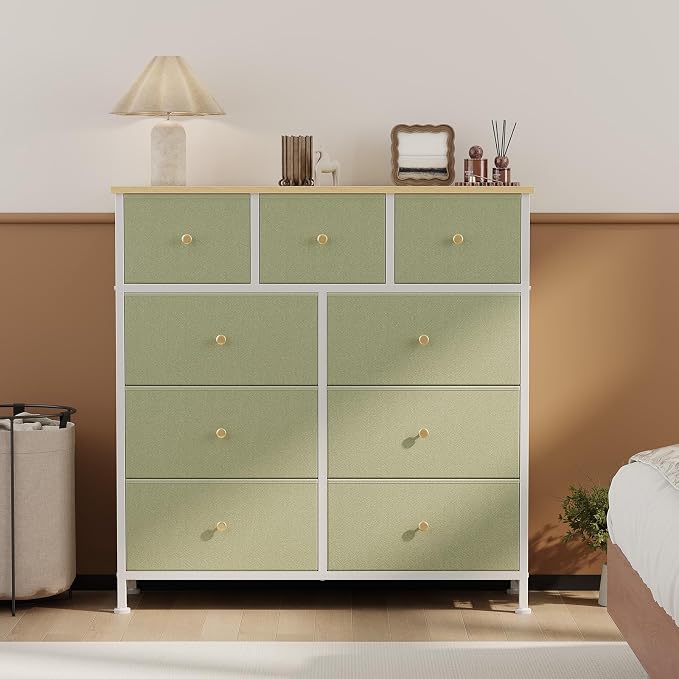 DUMOS 9 Drawer Dresser for Bedroom, Storage Organizer Chest of Drawers | Fabric Bins Storage Tower with Sturdy Metal Frame, Wood Tabletop for Closet, Light Green