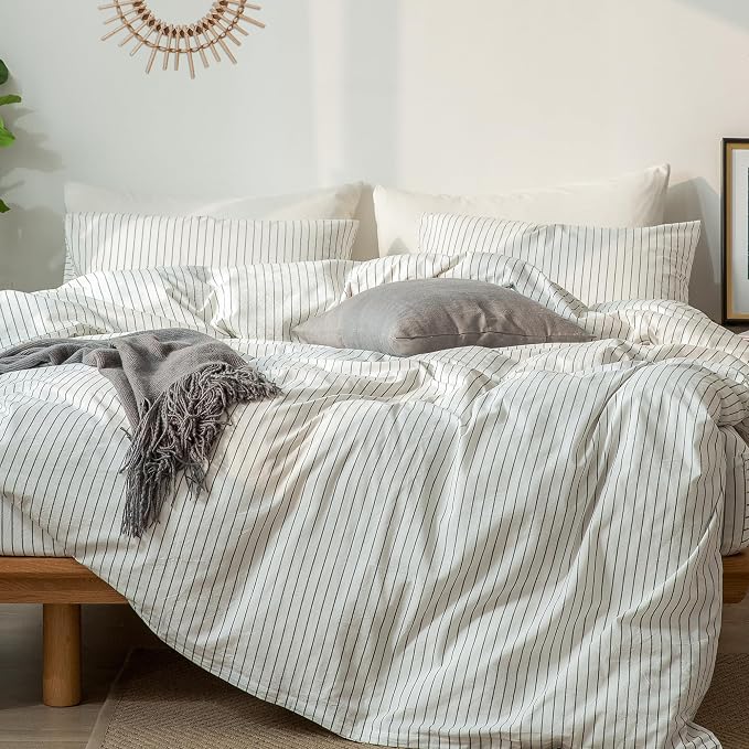 MooMee Striped Duvet Cover Set 100% Washed Cotton Linen Like King | Relaxed Linen-like Texture. Soft, Breathable & Long-lasting Comfort. Lightweight. Hidden Zipper with 8 Interior Corner Ties