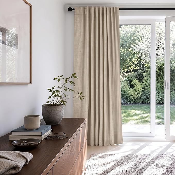 Linen Textured Total Blackout Sliding Door Curtains 84 Inches Long, Oatmeal | 100% Blackout Shield Back Tab/Rod Pocket Sliding Door Curtains, Thermal Insulated Curtains 1 Panel Set, 100"W x 84"L
