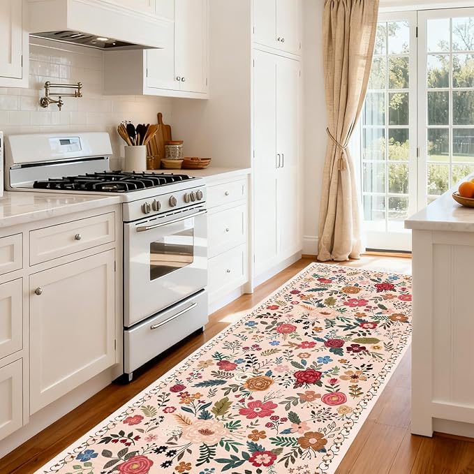 Washable 2' x 6' Runners for Hallways, Non Slip Long Floor Runner for Kitchen, Entryway Indoor, Stain Resistant Rubber Backing Floral Decor Rug (Beige Red)