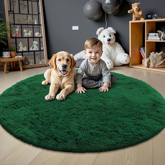 OLANLY Dark Green Round Rugs for Bedroom - Machine Washable, 4 ft Circle Area Rugs for Living Room, Soft and Fluffy Shaggy Carpet for Teen Girls and Boys, Nursery Rooms, Dorms, Home Decor Aesthetic