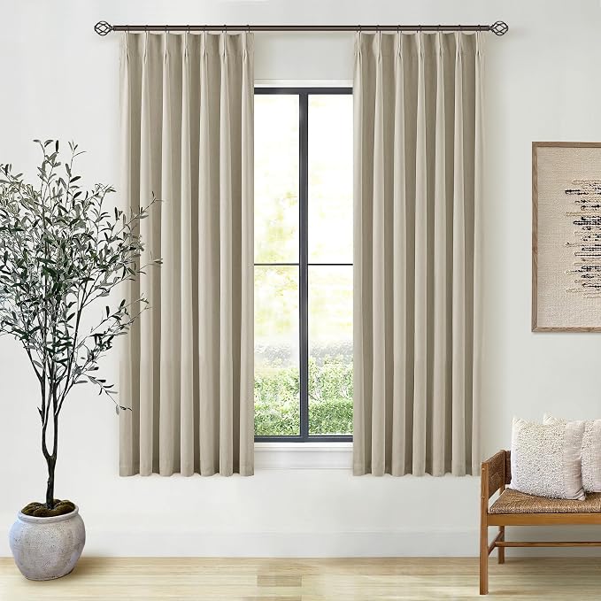 Burlywood Birch 63 Inch Blackout Pleated Linen Curtains with Liner 40x63 | Memory Trained, 100% Black Out, Thermal Insulated, UV Blocking, Noise Reducing Curtains for Small Window Bedroom 2 Panels