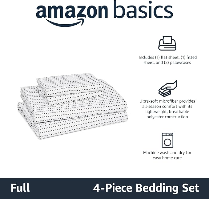 Amazon Basics Ultra-Soft Lightweight Microfiber 4-Piece Bed Sheet Set, Breathable Polyester, Flat and Fitted Sheets, Full, Plum, Printed
