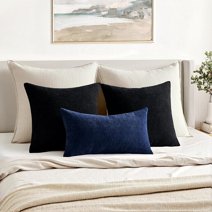 MIULEE Navy Chenille Couch Lumbar Throw Pillow Covers, 12x20 | Set of 2, Soft Coastal Home Decor, Modern Farmhouse Decorative Pillowcases for Sofa Living Room Bed