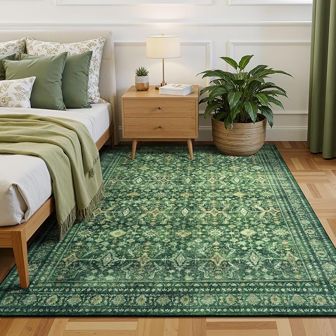 Washable Area Rugs 6 x 9 for Living Room,Soft Non Slip Carpet Green | Durable Stain Resistant,Kid Pet Friendly,Compatible with All Vacuums,0.25inch Low Pile for Bedroom Dining Room Home Office