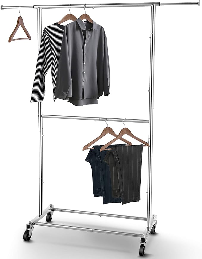 Simple Trending Clothing Garment Rack, Extensible Clothes Rack, Chrome | Double Rod Portable Closet, Adjustable Middle Rod, Bottom Shelf, Multiple Uses, 360° Wheels, Bedroom, Laundry Room