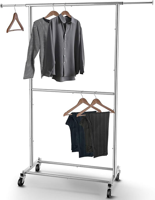 Simple Trending Clothing Garment Rack, Extensible Clothes Rack, Chrome | Double Rod Portable Closet, Adjustable Middle Rod, Bottom Shelf, Multiple Uses, 360° Wheels, Bedroom, Laundry Room