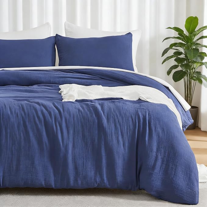 EMME Muslin Cotton Duvet Cover Set King Size Linen Like Soft Breathable Lightweight Summer Comforter Cover Set with Zipper Closure (Navy, King, 104"x90")