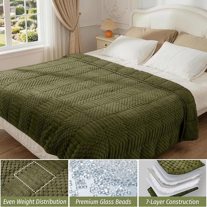 Sherpa Weighted Blankets for Adults, 60" x 80" 15 lbs Army Green | Queen Size Bed, Super Soft Fuzzy Heavy Throw Blankets for Better Sleep, Jacquard Knitted, Chunky Warm Fluffy, Glass Beads