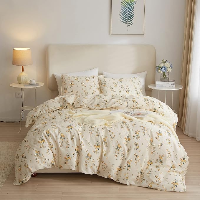 mixinni Aesthetic Floral Duvet Cover Set King Size, Farmhouse Boho Yellow Flowers Leaves Cute Bedding Set for Women, 1 Soft Cotton Chic Duver Cover and 2 Pillowcases for All Seasons-King Size
