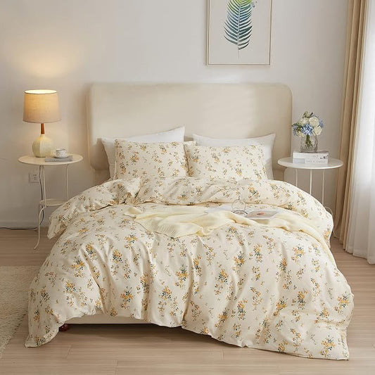mixinni Aesthetic Floral Duvet Cover Set King Size, Farmhouse Boho Yellow Flowers Leaves Cute Bedding Set for Women, 1 Soft Cotton Chic Duver Cover and 2 Pillowcases for All Seasons-King Size