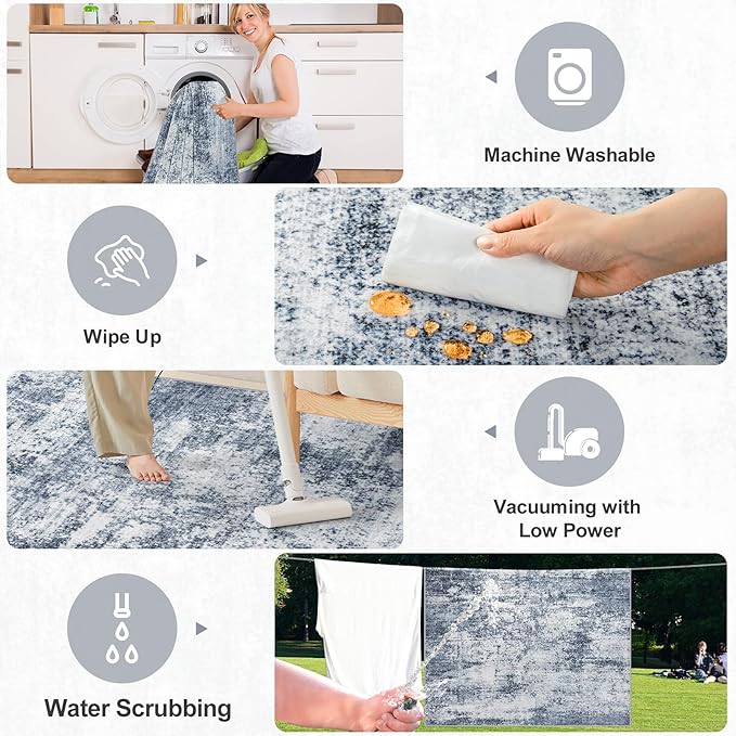 PLHXFR 10x14 Area Rug Living Room: Abstract Washable Carpet Grey Blue | For Bedroom Dining Room Farmhouse Nursery Home,Machine washable,Non Slip,Large Soft Neutral,Stain Resistant, Indoor Floor