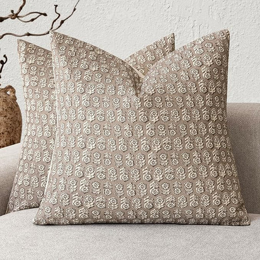 Foindtower Set of 2 Decorative Vintage Floral Print Throw Pillow Covers Neutral Modern Farmhouse Cushion Covers Boho Home Decor for Sofa Couch Chair Bedroom Living Room,22×22 Inch,Tan Taupe