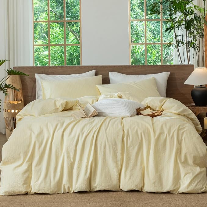 MooMee Striped Duvet Cover Set 100% Washed Cotton Linen Like King | Relaxed Linen-like Texture. Soft, Breathable & Long-lasting Comfort. Lightweight. Hidden Zipper with 8 Interior Corner Ties