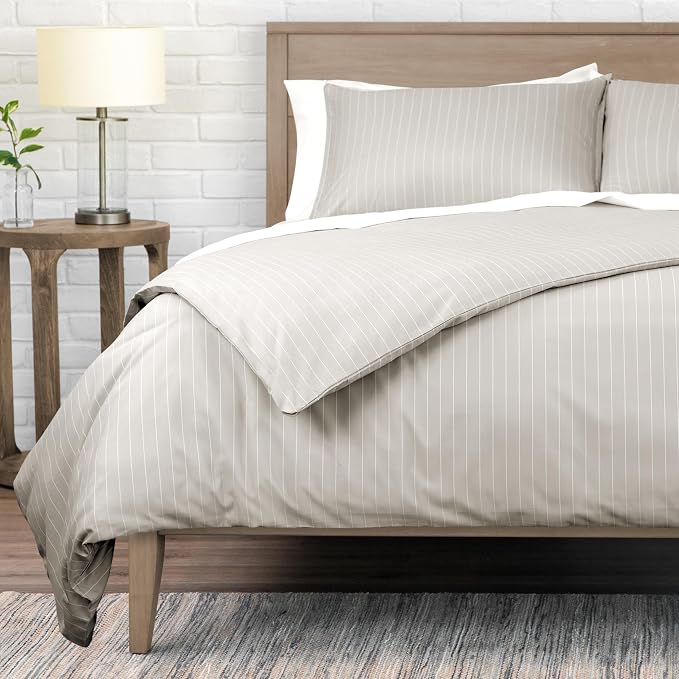 Bare Home Duvet Cover Set (Twin/Twin XL, Pinstripe - Stone/White) | 1800 Ultra-Soft, Lightweight, Cooling, Breathable, Premium, All-Season