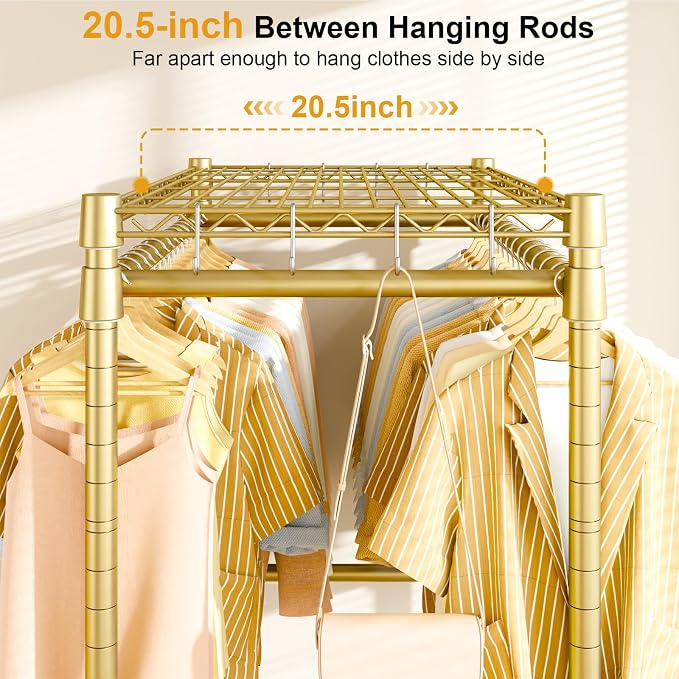 Rolling Clothes Rack, Clothing Racks for Hanging Clothes, Gold | P4 Plus Heavy Duty Garment Rack with Wheels, Free Standing Portable Closet Racks 45''W × 20.5''D × 80.5''H, Max Load 570 Lbs