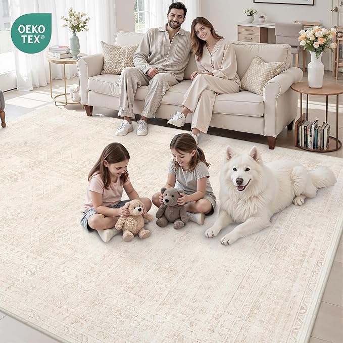 6x9 Area Rugs Living Room: Bedroom Neutral Washable Carpet Beige | Large Vintage Boho Indoor Decor Carpets Soft Nursery Farmhouse Dining Room Office Floor Non-Slip Low Pile Under Table Rug