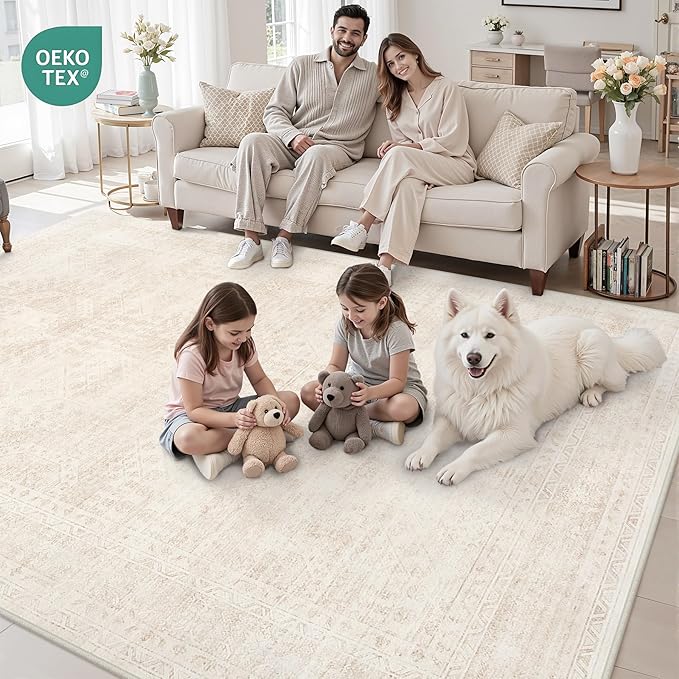 4x6 Area Rugs Living Room: Bedroom Neutral Washable Carpet Beige | Large Vintage Boho Indoor Decor Carpets Soft Nursery Farmhouse Dining Room Office Floor Non-Slip Low Pile Under Table Rug