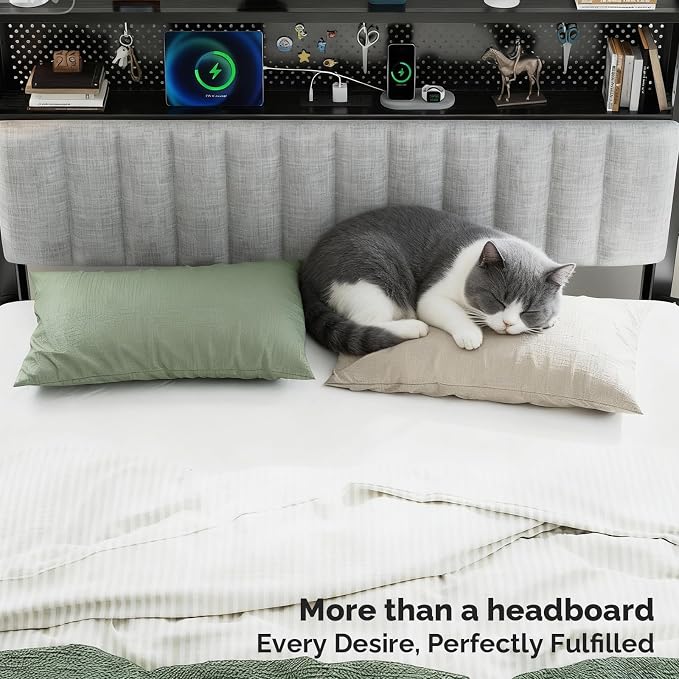 VINGLI Queen Size Headboard Only, Adjustable Upholstered Headboard with 2 Tier Shelves and Pegboard with Charging Stations and LED Lights, Modern Bed Headboard with Storage for Bedroom Decor