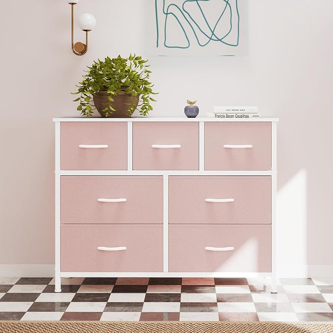 OLIXIS 7 Drawer Fabric Dresser, Storage Tower for Bedroom and Closet | Pink Easy-Pull Bins for Closet Organizers, Chest of Drawers with Sturdy Steel Frame & Wooden Top for Living Room, Entryway