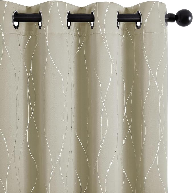 Deconovo 100% Blackout Living Room Curtains 63 Inches Long, Black Backing | Silver Line Foil Pattern Drapes, Thermal Insulated, Room Darkening, Grommet, 2 Panels Set, Light Beige, 52 x 63 Inch