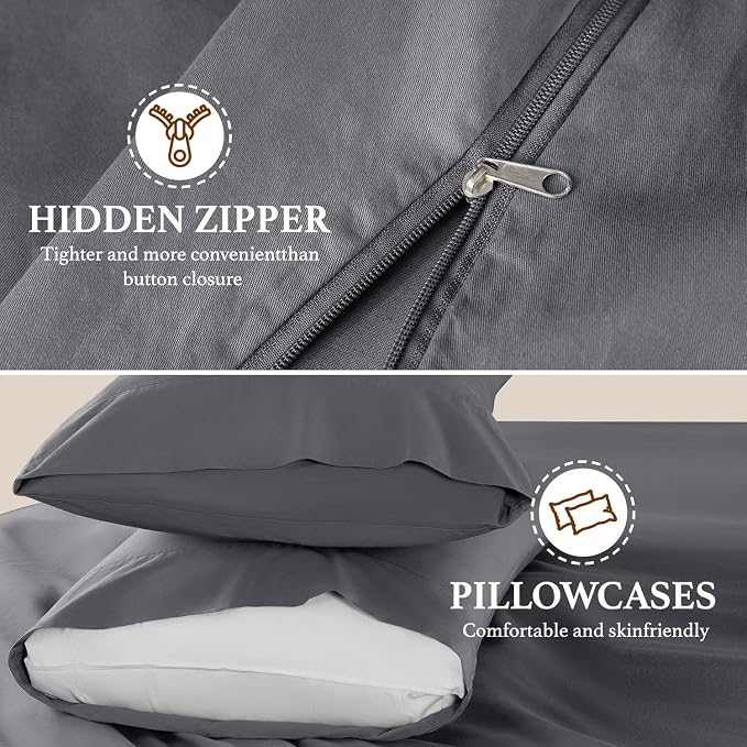 DEITAS 100% Cotton King Duvet Covers 3 Piece,1200 Thread Count，Dark Grey | Luxury Egyptian Cotton Comforter Cover With Zipper Closure, Ultra Cooling Breathable, Hotel Bedding Duvet Covers