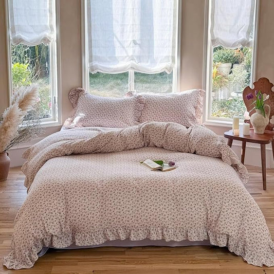 Vintage Purple Floral Duvet Cover Full Size, Cottage Quilt Cover with Ruffles Shabby Chic Kids Teens Bedding, Muslin Cotton Comforter Covers with Zipper Closure, No Pillow Cases